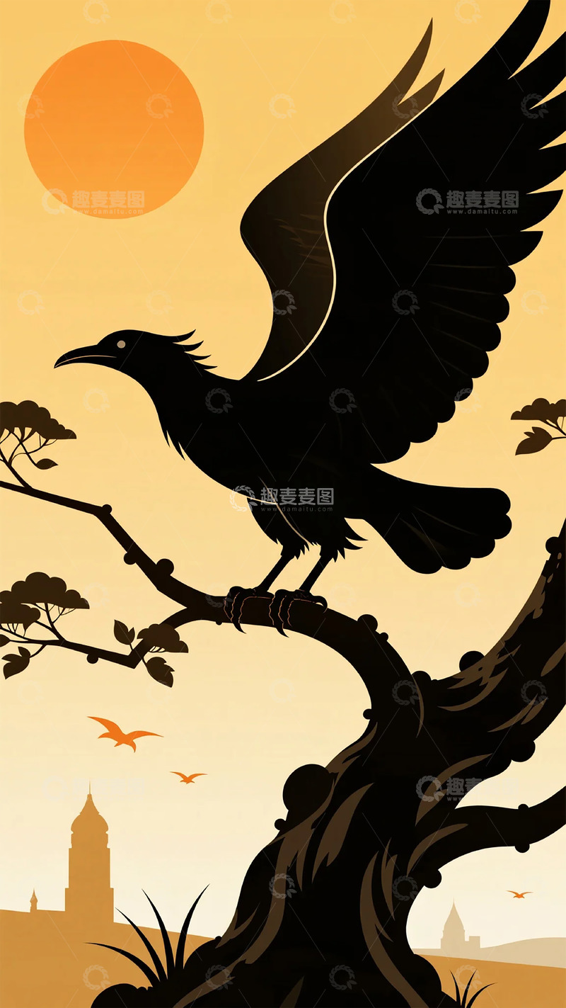高清大图下载【趣麦麦图】剪影风格乌鸦日落风景画
