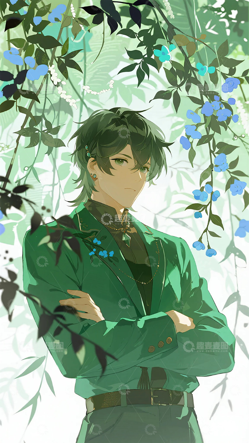 高清大图下载【趣麦麦图】动漫风绿衣青年插画