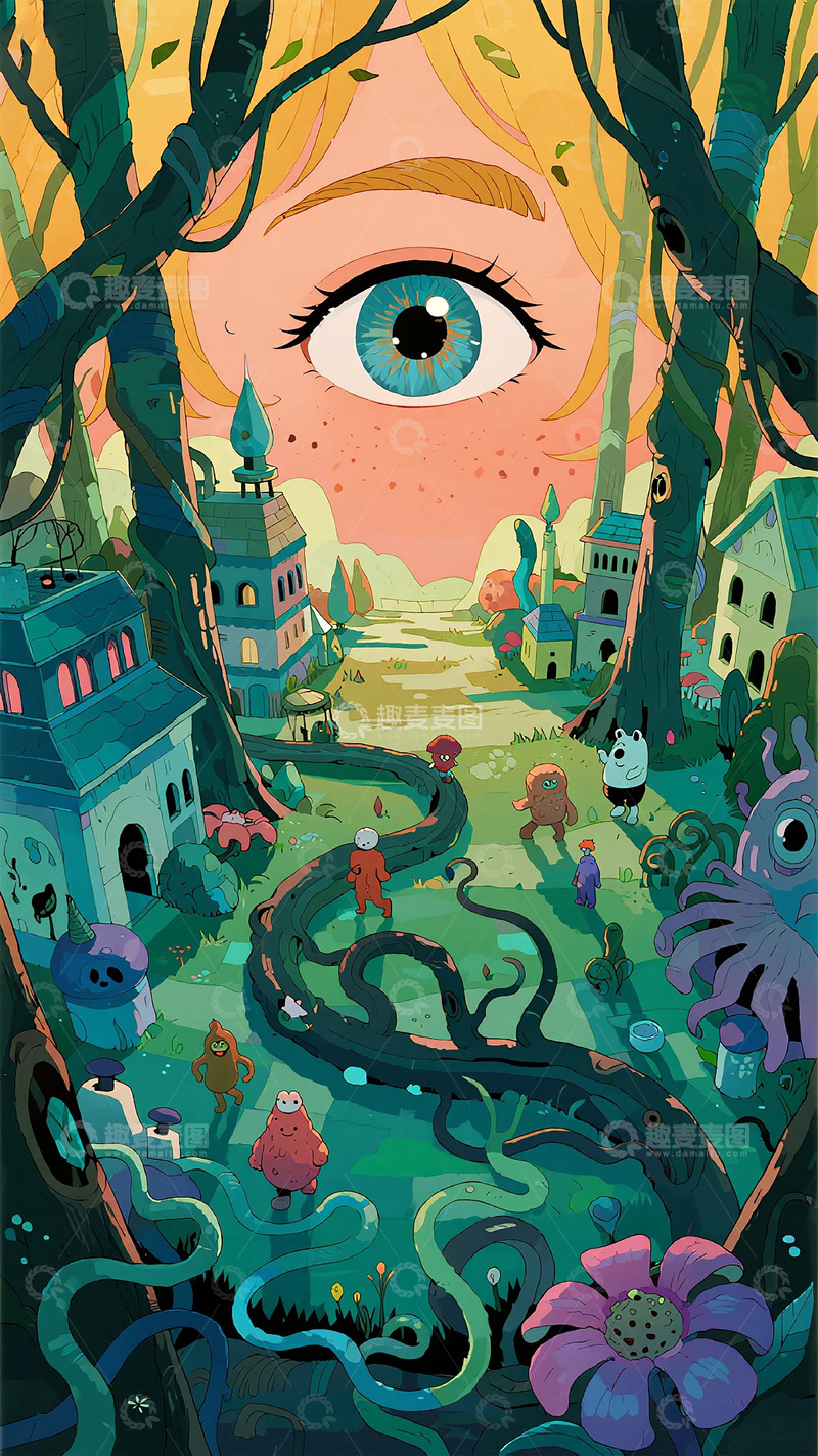 高清大图下载【趣麦麦图】梦幻森林奇幻城镇插画