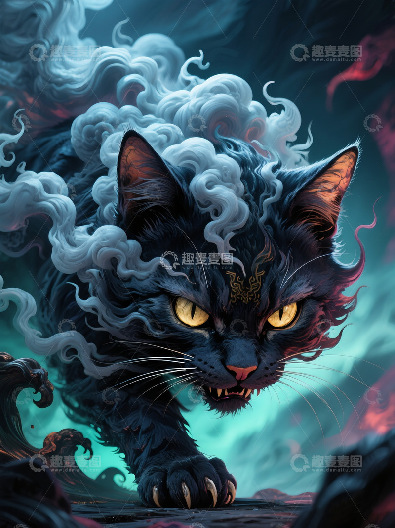 高清大图下载【趣麦麦图】玄幻风格古代玄猫黑猫特写3