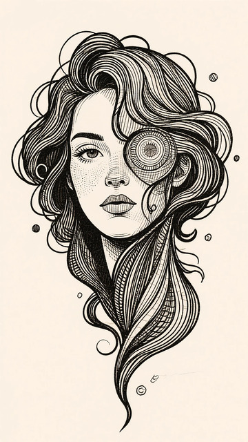 黑白线描女性头像艺术插画