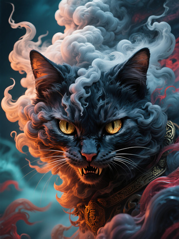 幻想风格黑猫玄猫云雾艺术插画