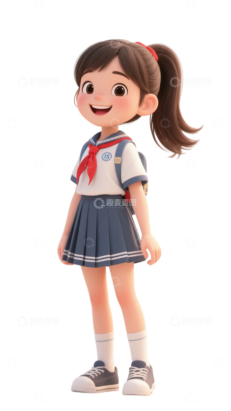 高清大图下载【趣麦麦图】卡通校服女孩3D模型素材