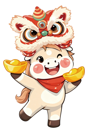 卡通牛舞狮金元宝喜庆插画