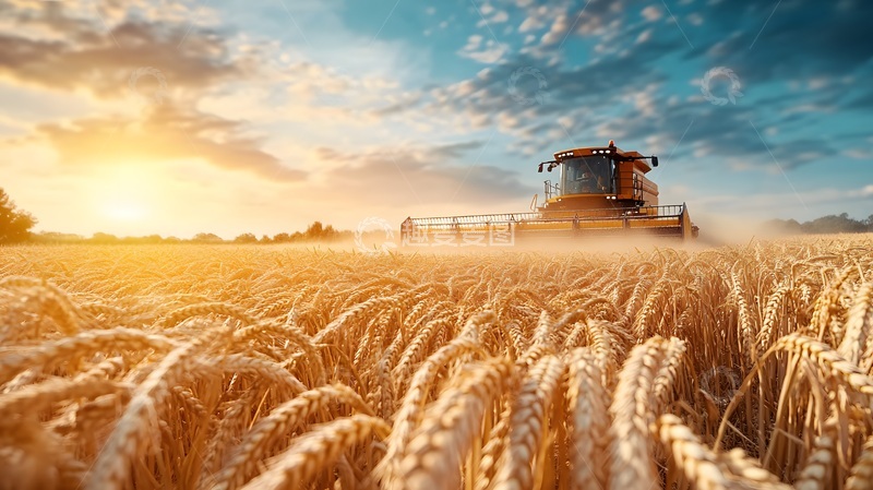高清大图下载【趣麦麦图】金色麦田收割机工作场景