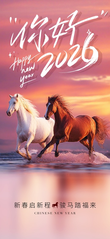 骏马奔海新年贺图