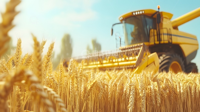 金黄麦田收割机作业