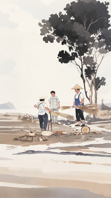 海滨渔事 水墨劳作图景