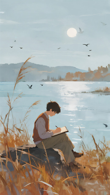 湖畔月色 青年写生动漫意境