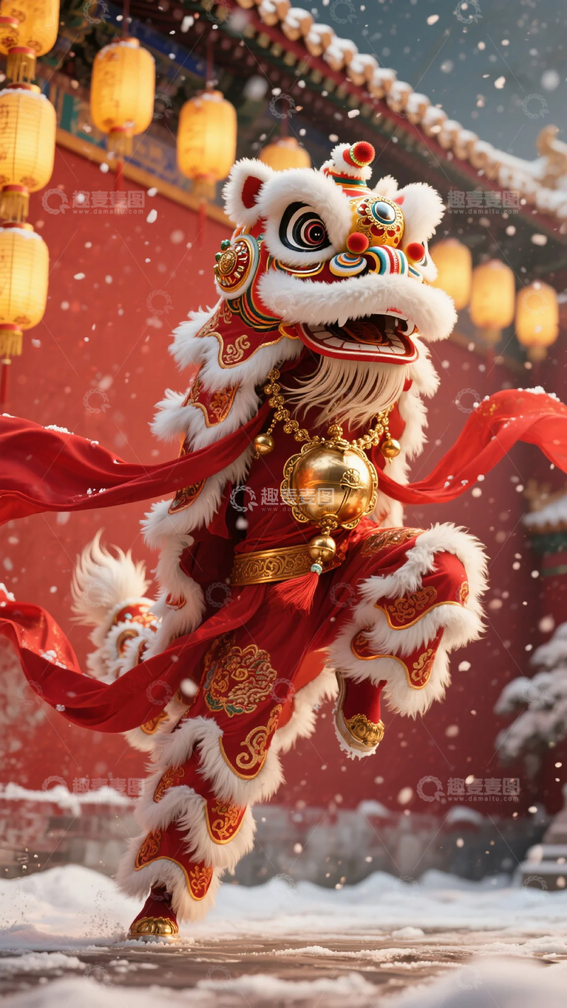 高清大图下载【趣麦麦图】雪中美狮舞红灯