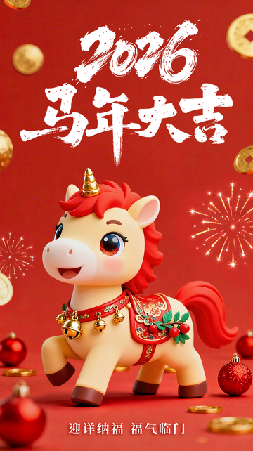 2026新年喜庆红色马年卡通海报设计