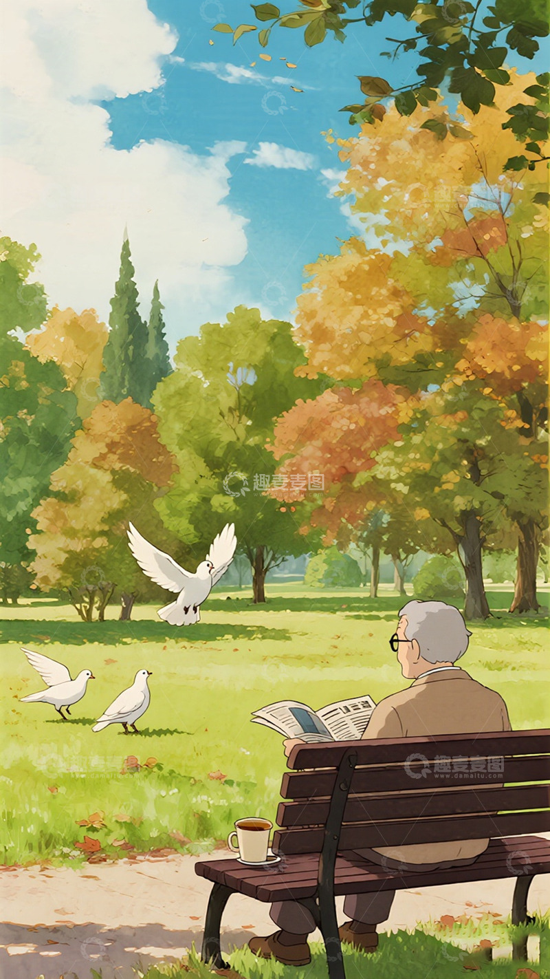 高清大图下载【趣麦麦图】公园秋景 老者白鸽动漫闲趣