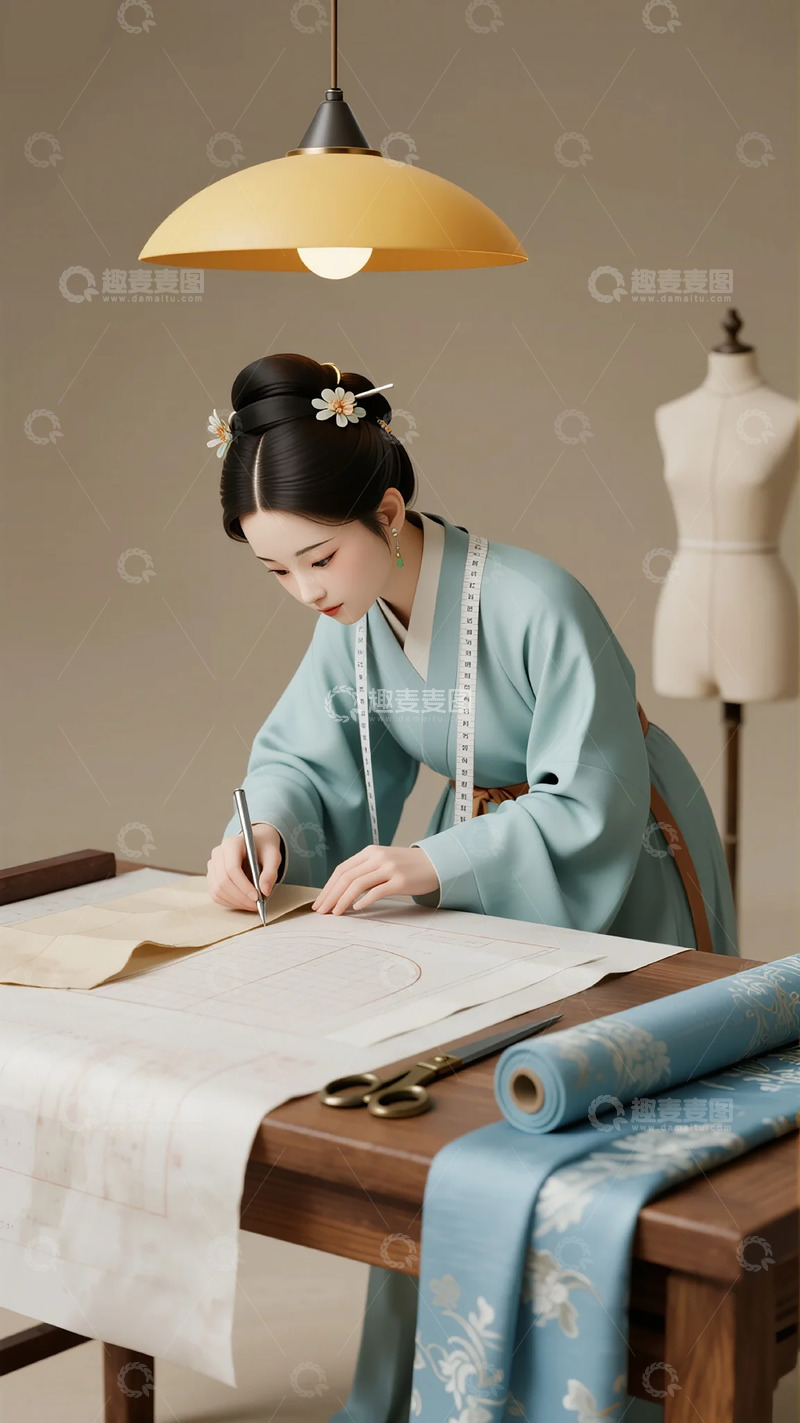 高清大图下载【趣麦麦图】古风裁缝绘制服装设计图