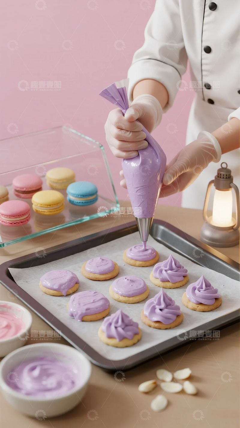 高清大图下载【趣麦麦图】烘焙师制作紫色奶油饼干