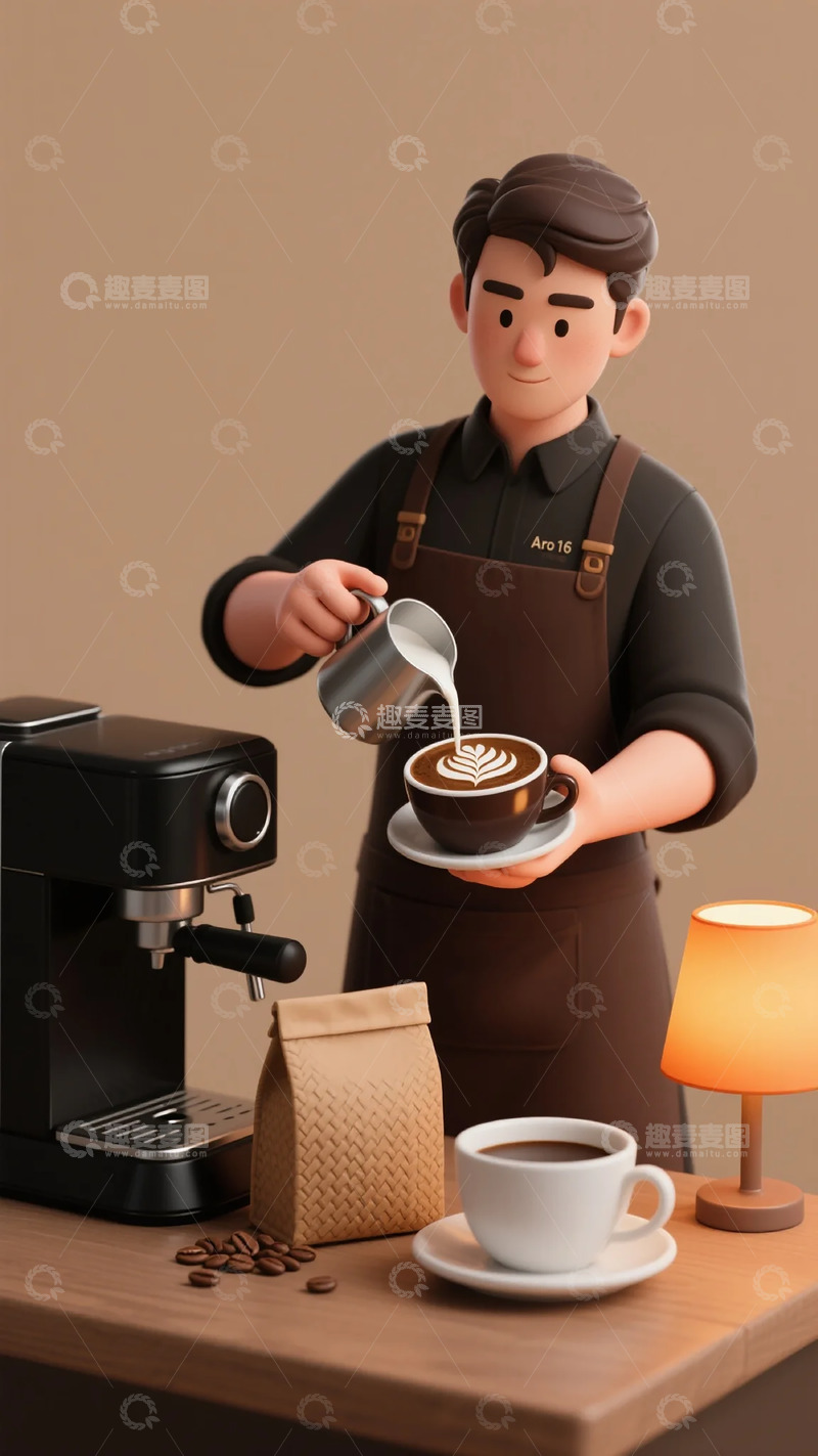 高清大图下载【趣麦麦图】咖啡师倒奶艺术动画场景