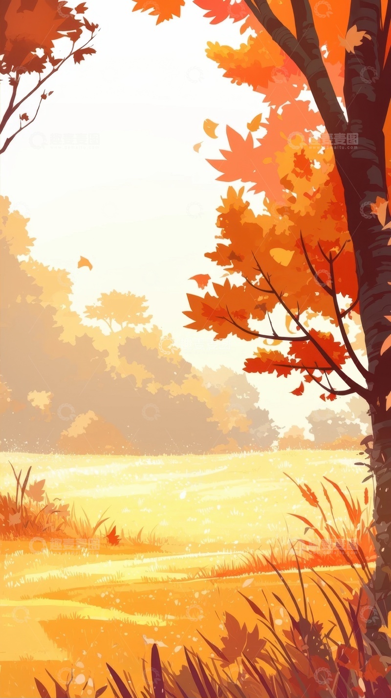 高清大图下载【趣麦麦图】手绘简约秋季树林插画