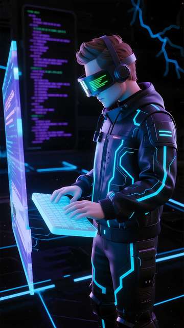 科幻风游戏玩家操作电脑插画