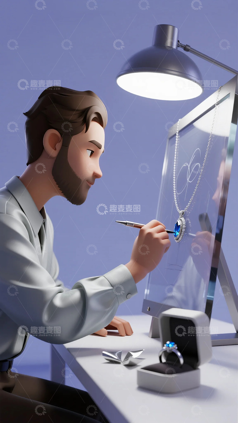高清大图下载【趣麦麦图】珠宝设计师工作场景插画