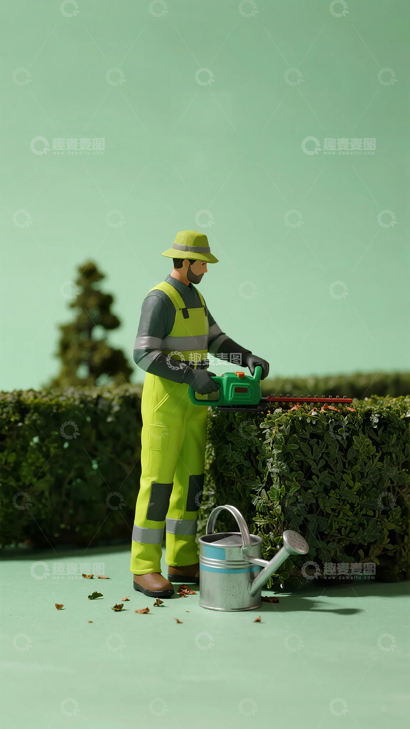 高清大图下载【趣麦麦图】微型园艺师修剪绿植场景