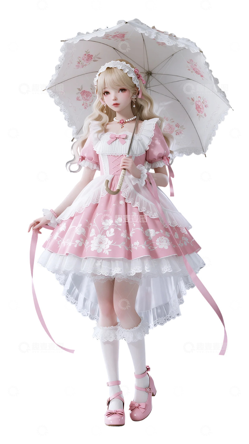 高清大图下载【趣麦麦图】洛丽塔风格粉色连衣裙娃娃插画