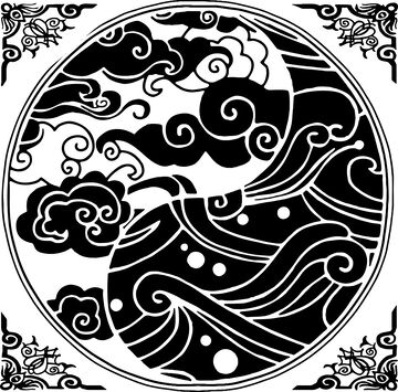 黑白云海浪传统图案剪影