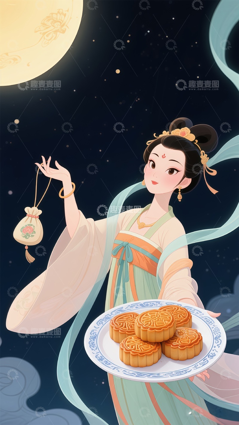 高清大图下载【趣麦麦图】古风中秋月饼插画设计图