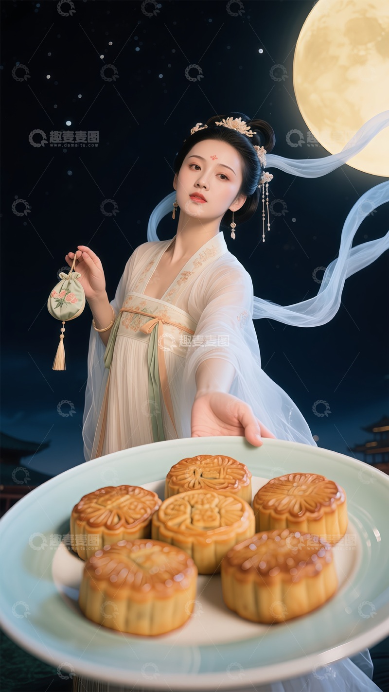 高清大图下载【趣麦麦图】古风汉服月饼赏月图