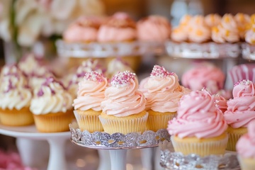 一排放置的奶油小蛋糕