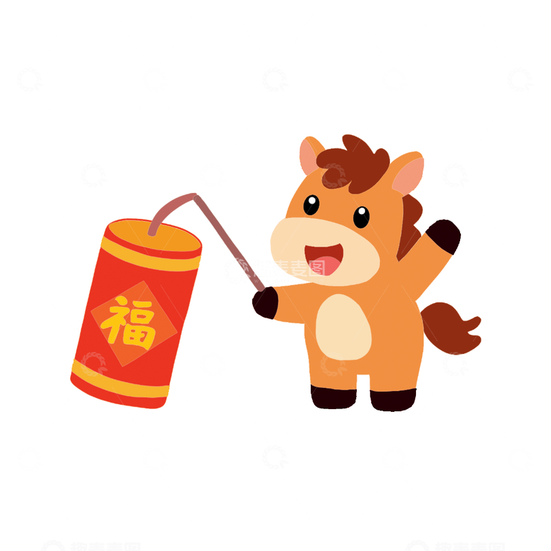源文件下载【趣麦麦图】-卡通小马点鞭炮喜庆祝福手绘插画