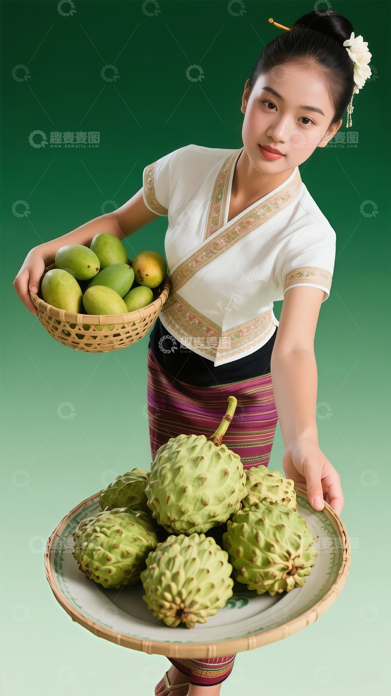 高清大图下载【趣麦麦图】-传统服饰水果展示摄影释迦果