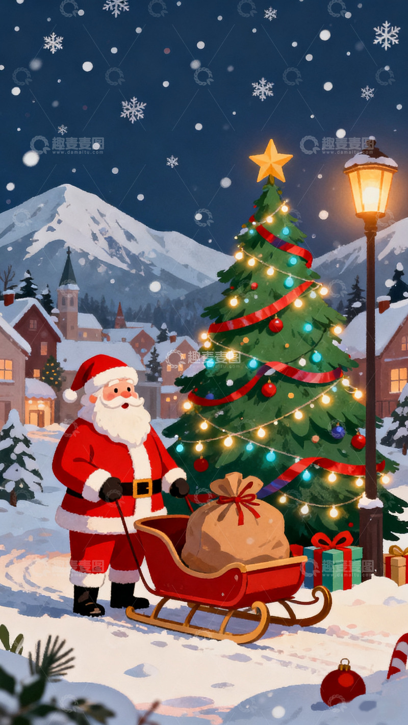 高清大图下载【趣麦麦图】白色雪地圣诞树圣诞老人圣诞节海报2