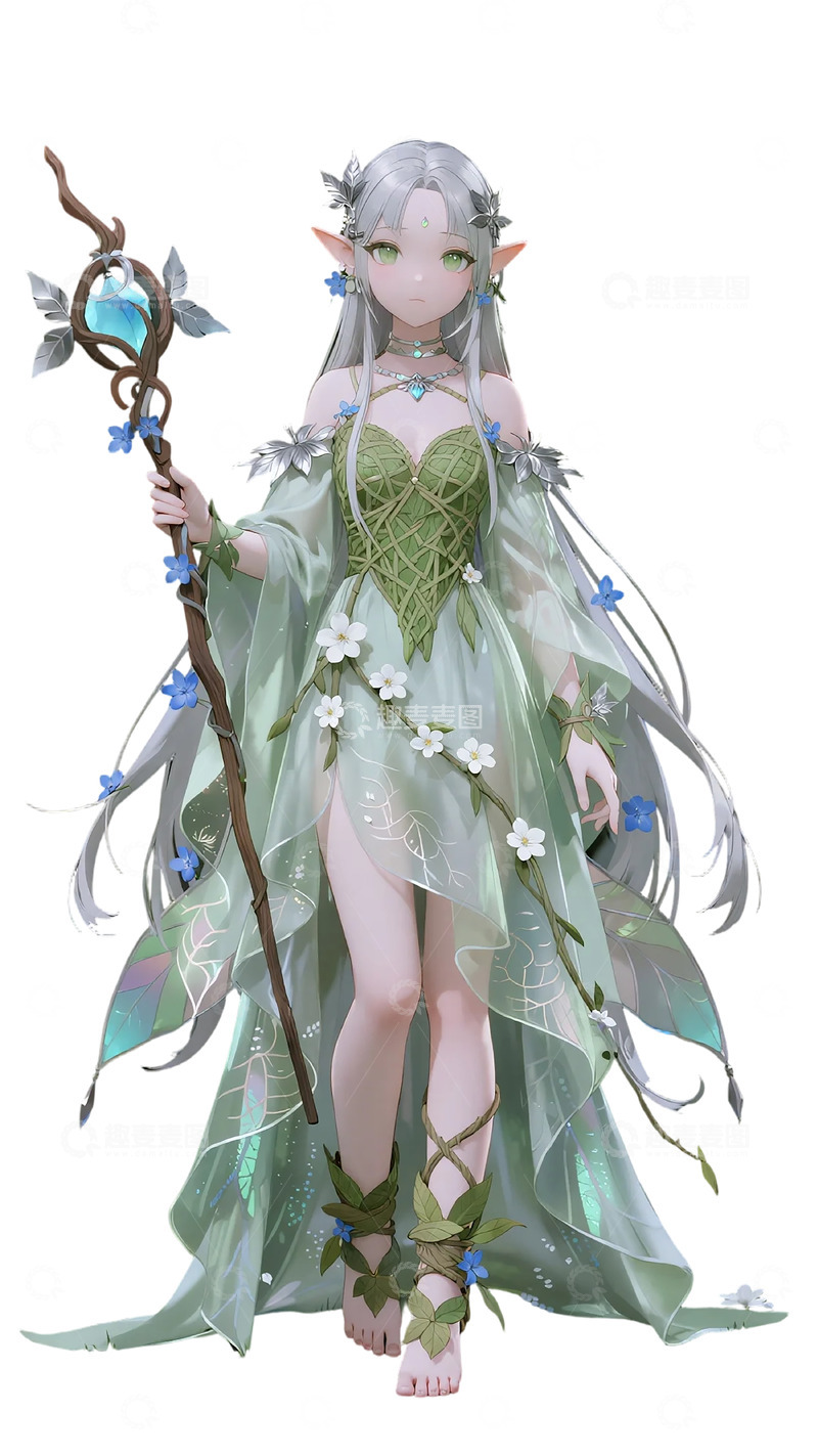 高清大图下载【趣麦麦图】精灵风绿色长裙魔法师插画