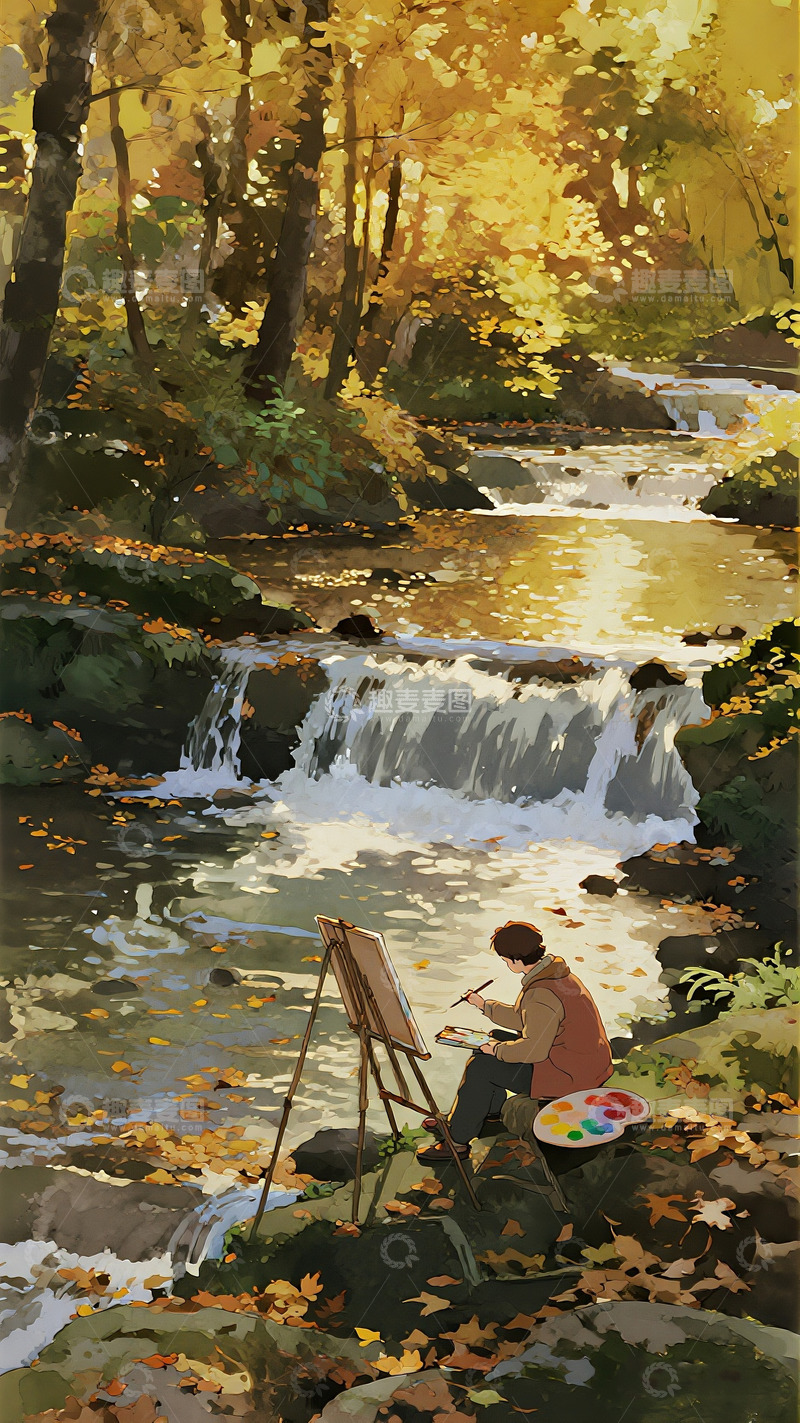 高清大图下载【趣麦麦图】-溪畔写生 秋林动漫艺术场景