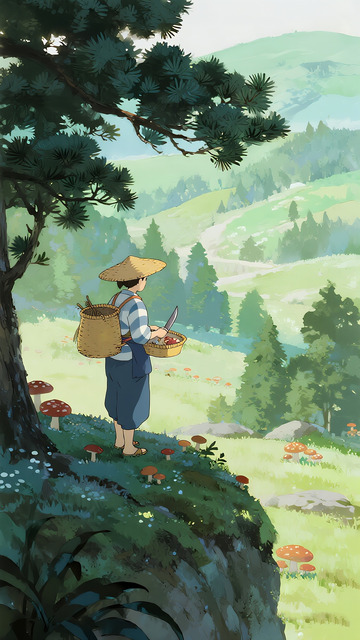 山林采菇 动漫田园劳作图