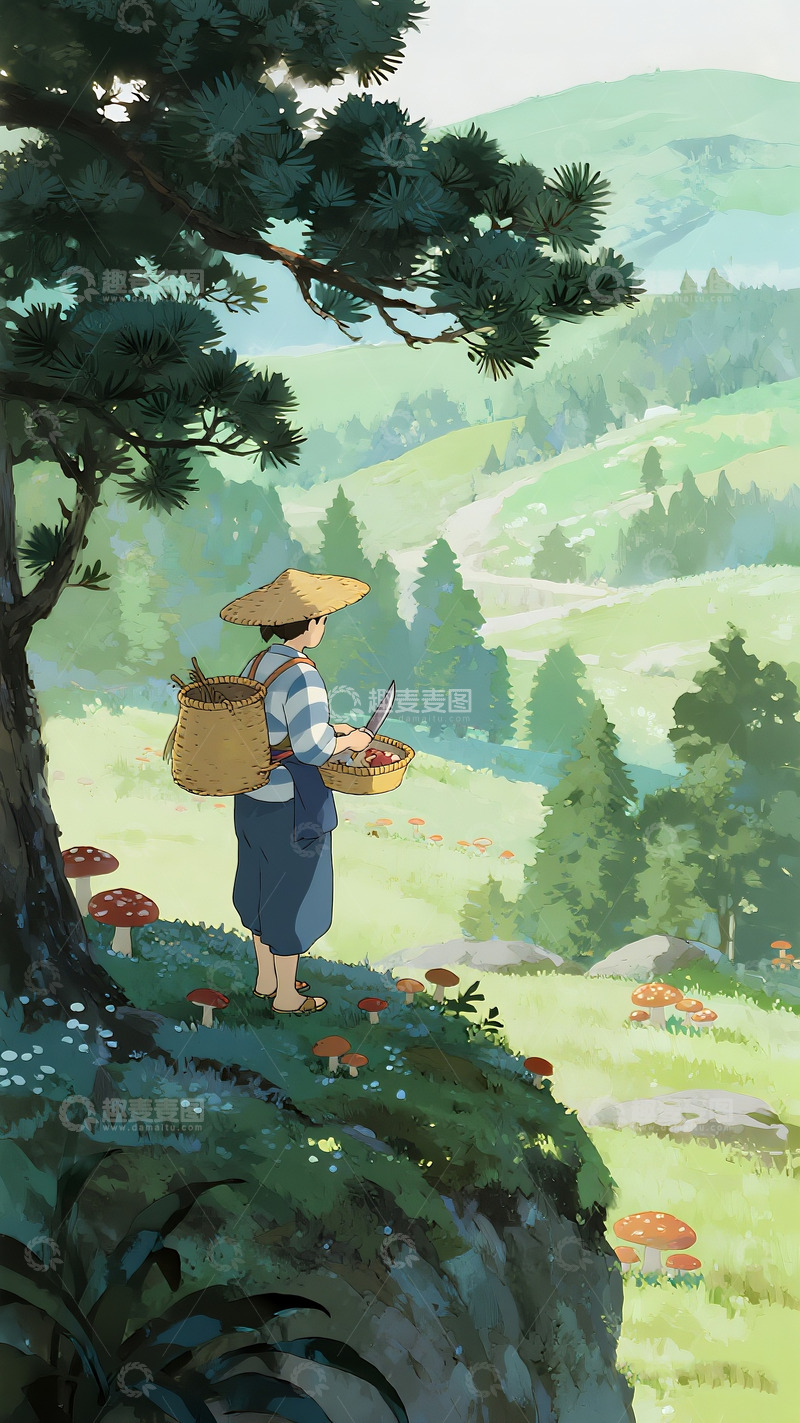 高清大图下载【趣麦麦图】山林采菇 动漫田园劳作图