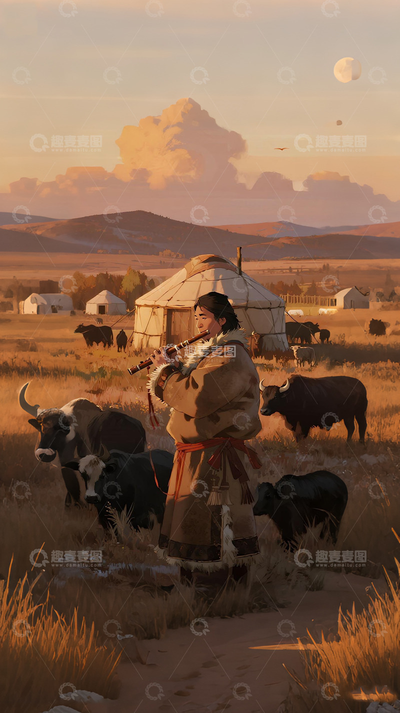 高清大图下载【趣麦麦图】草原牧笛 牧民动漫游牧风情
