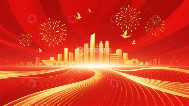 高清大图下载【趣麦麦图】喜庆城市烟花风光海报设计素材