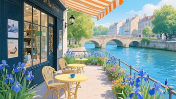 法式河畔咖啡馆风景插画