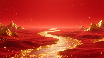 红色沙漠金色河流奇幻场景