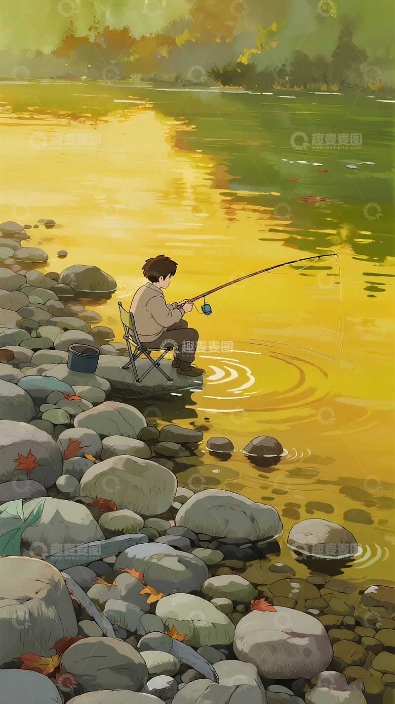 高清大图下载【趣麦麦图】河畔秋钓 动漫静谧时光