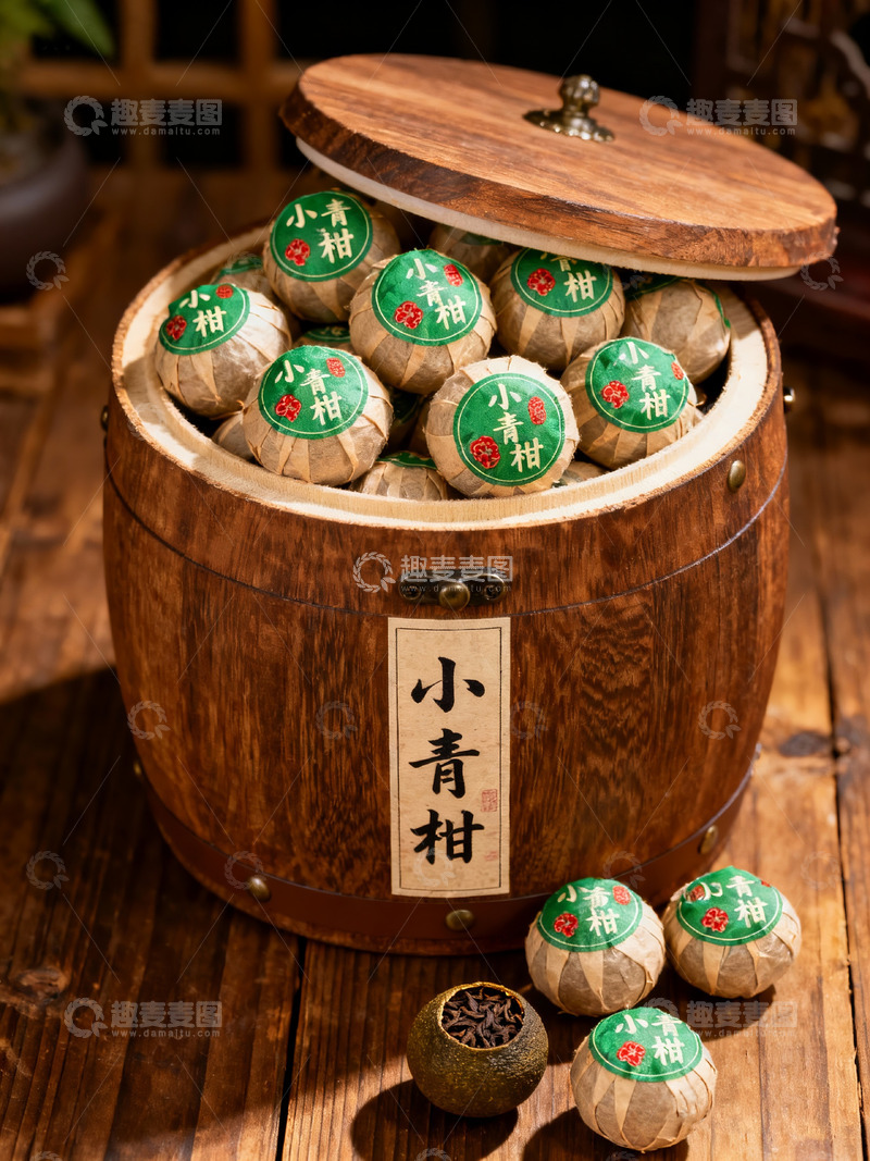 高清大图下载【趣麦麦图】木质桶装小青柑红茶普洱茶茶叶