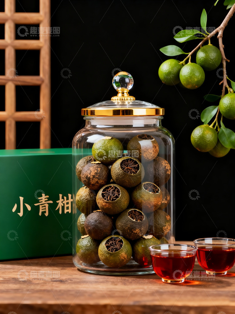 高清大图下载【趣麦麦图】玻璃罐小青柑红茶普洱茶