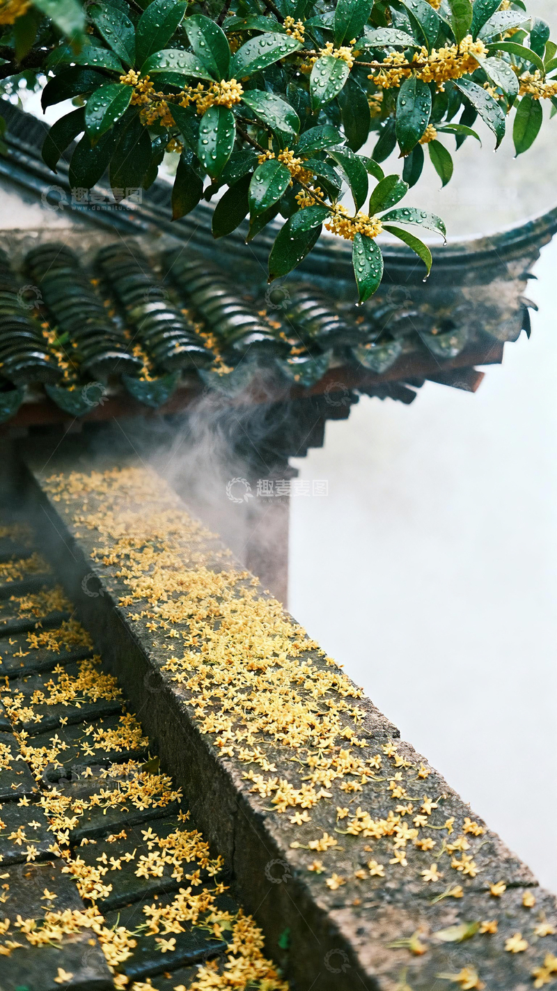 高清大图下载【趣麦麦图】雨雾桂花飘落古檐美景1