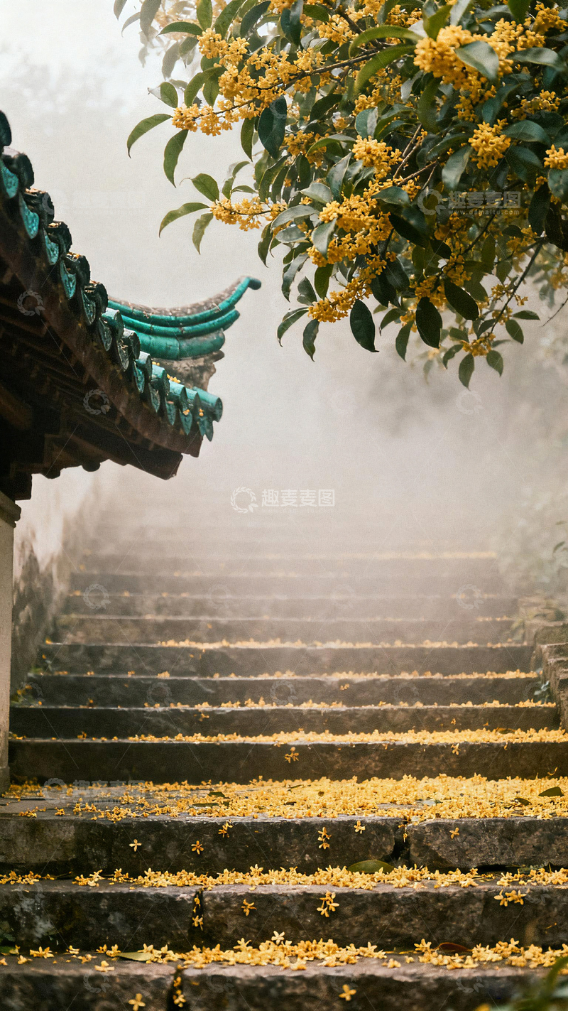 高清大图下载【趣麦麦图】古檐桂花雨雾中台阶美景2
