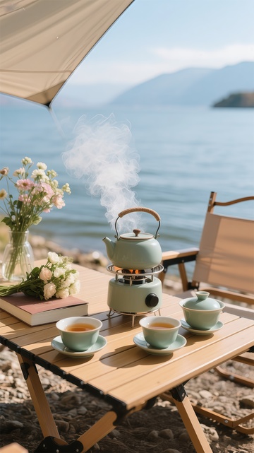 湖畔露营茶具静物