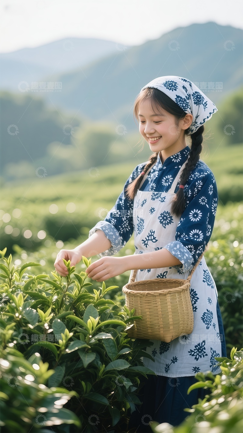 高清大图下载【趣麦麦图】茶园采摘少女自然风光摄影