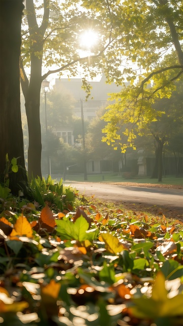 秋日晨景树木小径