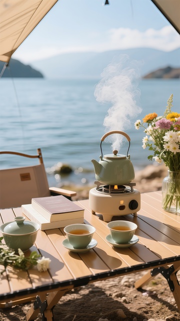 湖畔露营品茶时光