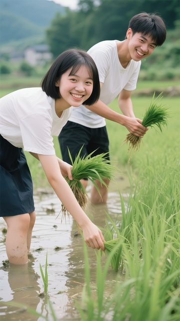 田园风光年轻男女插秧体验