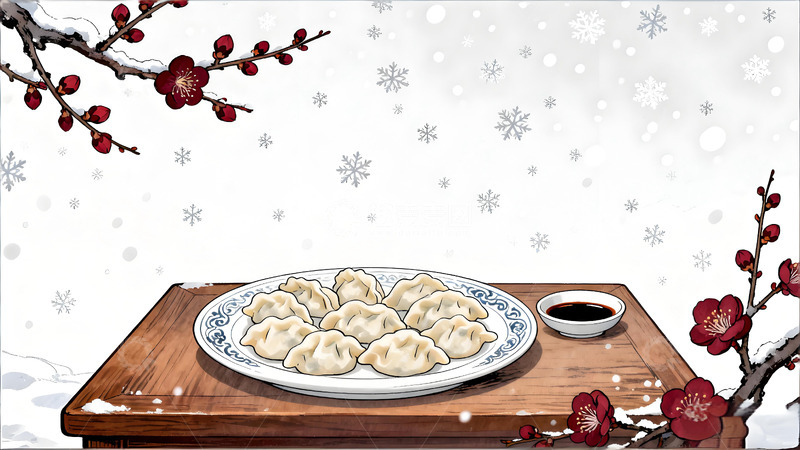 高清大图下载【趣麦麦图】冬日饺子梅花雪景手绘插画